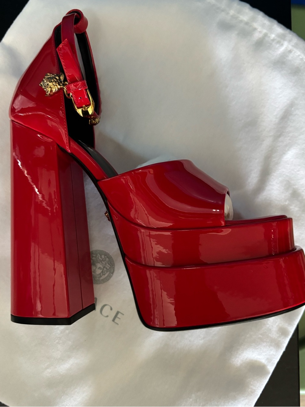 Versace Red Patent Platform Sandal with Gold Medusa Buckle. 37